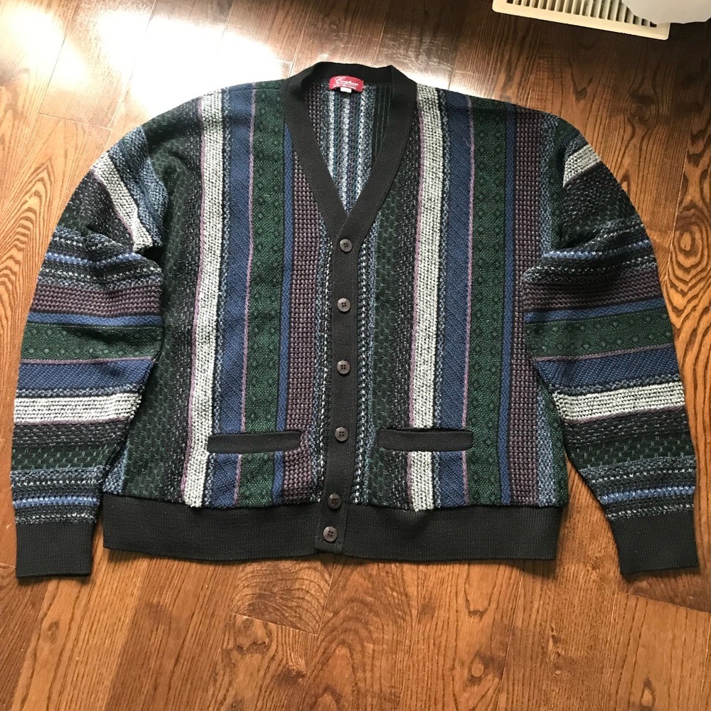 VTG Men's Cooper Int'l V Neck Cardigan Sweater 3D Knit Multicolour Stripes XLT